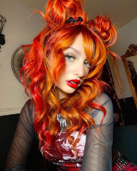 Dark Red And Orange Hair, Fire Inspired Hair Color, Halloween Vivid Hair Color, Vivid Red Hair Color, Orange And Red Hair, Orange Hairstyles, Red And Orange Hair Split, Red And Orange Hair, Halloween Hair Color Ideas