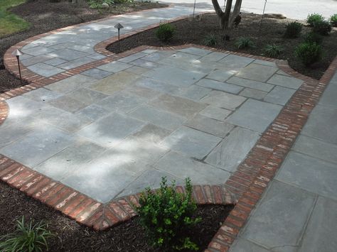 www.allentucklandscaping.com - Potomac, MD - A little New Orleans style with flagstone bordered by brick. #allentucklandscaping Brick And Slate Walkway, Brick And Slate Patio, Brick Lined Patio, Brick And Cement Patio, Flagstone And Brick Patio, Bluestone And Brick Patio, Patio With Border, Brick Patio Ideas, Decks Ideas