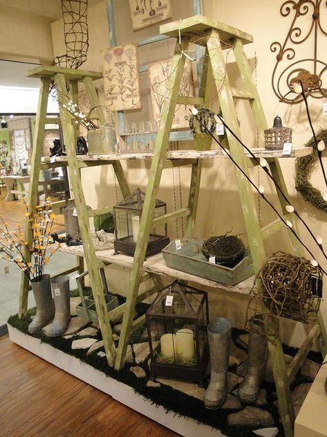 Repurposed - Lawn & Garden Retailer Gift Shop Displays, Vintage Booth Display, Garden Center Displays, Billy Ikea, Ladder Shelves, Vintage Store Displays, Antique Booth Displays, Antique Booth Ideas, Antique Booth