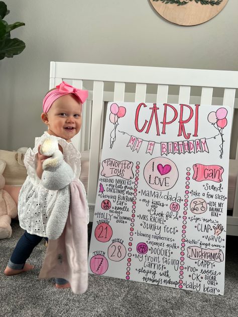 First Birthday Party Games Indoor, Diy Photo Board First Birthday, First Bday Diy Decorations, First Birthday Photo Board Ideas, Diy Milestone Board 1st Birthday, 1st Birthday Stats Board, All About Me 1st Birthday, 1st Birthday Party Picture Display, First Birthday Milestone Board Diy