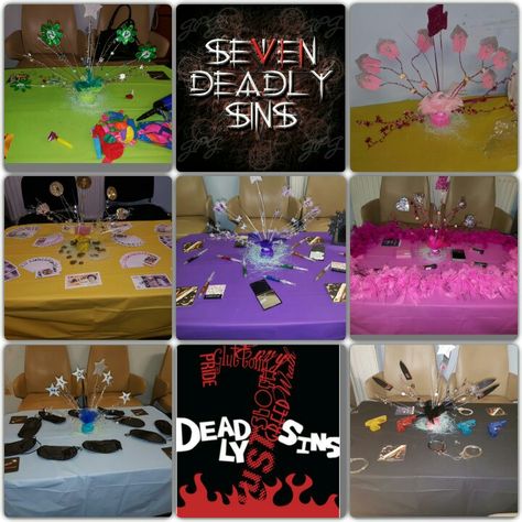 Seven deadly sins party table decorations Seven Deadly Sins Theme Party, 7 Deadly Sins Party Decorations, 7 Deadly Sins Party, Seven Deadly Sins Party, Se7en Movie, Party City Decorations, Heroes Party, Dance Theme, Sushi Party