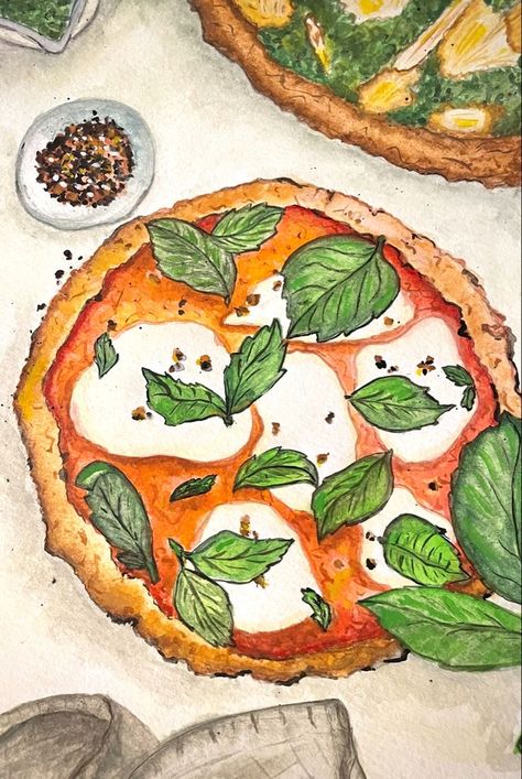 Food Watercolour Painting, Pizza Watercolor Painting, Italian Food Painting, Italian Paintings Easy, Food Illustration Art Watercolour, Meal Illustration, Pizza Painting, Pizza Watercolor, Watercolour Food