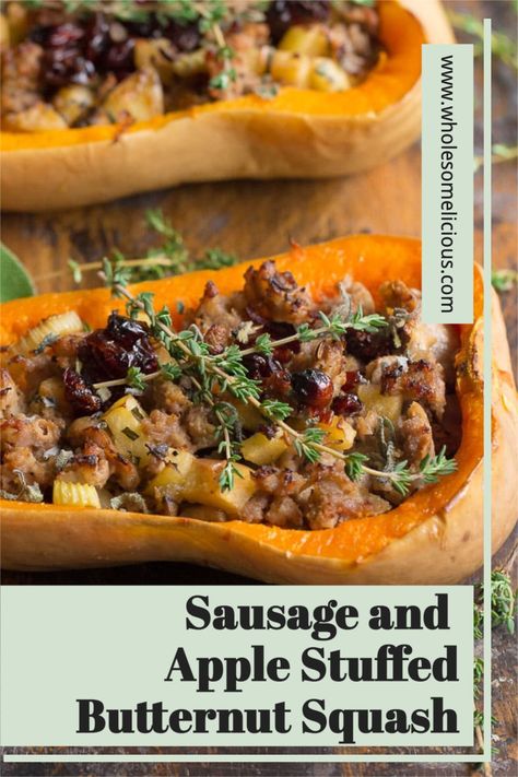 You'll love the sweet and savory combo of this Sausage and Apple Stuffed Butternut Squash. Healthy and delicious! Paleo, Gluten-Free, and Whole30. Sausage Stuffed Butternut Squash, Butternut Squash Benefits, Stuffed Butternut Squash, Stuffed Butternut, Fall Favorites Recipes, Vegetable Diet, Fall Veggies, Whole30 Dinners, Butternut Squash Recipes