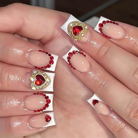 Check out this list Nails Art from protoloker Gold Glitter Acrylic Nails, Nails Red Heart, Glitter Acrylic Nails, Press On Nails Red, Acrylic Nails Almond Shape, White French Nails, Short Fake Nails, Short Square Nails, Coffin Press On Nails