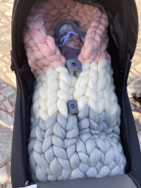 "Hand Knit Baby Sleeping Bag / Car Blanket made from 100% pure merino wool.  It is a very warm and soft yarn perfect for babies.  Size: 80 x 80cm / 32\" x 32\" You can pick up a different combination of colors. We all have to thank merino sheep for their so warm and cozy wool  Please feel free to contact me for a custom order or if you need any further information. 🤍Thank you for visiting my shop!🤍" Crochet Baby Sleeping Bag, Chunky Wool Crochet, Soft Baby Blanket, Car Blanket, Merino Sheep, Soft Baby Blankets, Embroidered Napkins, Blanket Sweater, Chunky Blanket