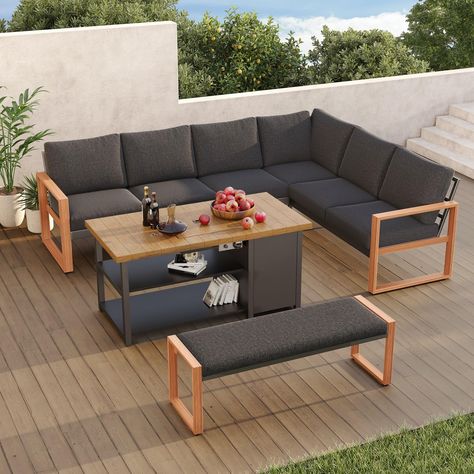 PRICES MAY VARY. AMPLE SPACE: Gather with friends or family on the comfy 8-person aluminum patio furniture set. You can set up snacks and drinks on the 51-inch fire pit tabletop and enjoy a relaxing time together. The sectional sofa set can also be used as a guest conversation set or party place. MODERN STYLE: The outdoor furniture utilizes transfer printing technology to present a walnut wood grain texture, featuring a contemporary design that adds a touch of nature. Its minimalist lines bring Conversation Sofa, Sectional Patio Furniture, Aluminum Patio Furniture, Patio Couch, Gas Fire Pit Table, Patio Sofa Set, Outdoor Couch, Sofa Sets, Aluminum Patio