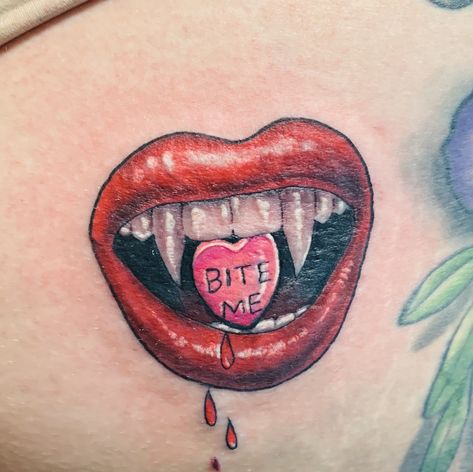 Lips With Vampire Teeth Tattoo, Vamp Teeth Tattoo, Fang Tattoo Teeth, Lust Tattoo Design, Vampire Mouth Tattoo, Vampire Lips Tattoo, Vampire Fangs Tattoo, Vampire Bite Tattoo, Zombie Bite Tattoo