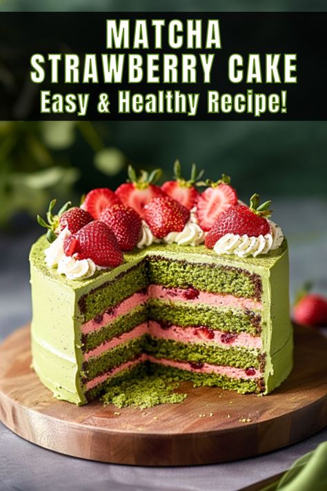 Whip up this easy and healthy Matcha Strawberry Cake and indulge in a delightful blend of earthy matcha, sweet strawberries, and fluffy whipped cream. Perfect for any occasion, this vibrant and elegant dessert is simple to make yet sure to impress. Try it today for a slice of heaven! Strawberry Matcha Cake Recipe, Korean Matcha Cake, Matcha Layer Cake, Matcha Raspberry Cake, Raspberry Chiffon Cake, Matcha Cake Decoration, Macha Dessert, Saturday Appetizers, Earthy Cake