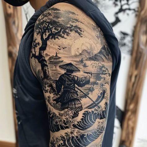 Japanese Tattoos Arm Sleeve, Asian Theme Tattoo, Mens Japanese Tattoos, Japanese Style Back Tattoo, Japanese Landscape Tattoo, Japan Tattoo Ideas, Asian Tattoo Ideas, Chinese Sleeve Tattoos, Japan Style Tattoo