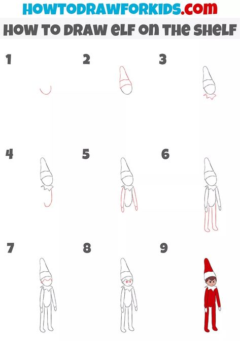 How to Draw Elf on the Shelf - Easy Drawing Tutorial For Kids How To Draw An Elf Easy, How To Draw An Elf Step By Step, How To Draw An Elf, Merry Christmas Drawing Ideas, Elf On The Shelf Drawing, Shelf Drawing, Merry Christmas Drawing, Draw Christmas, Elf Drawings