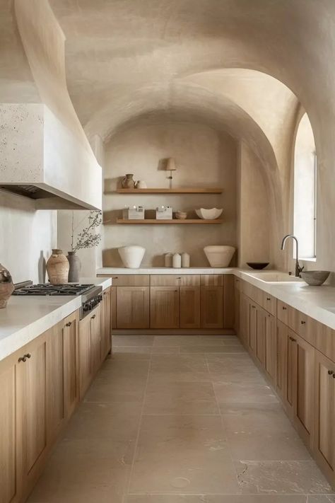 Modern Hacienda Kitchen, Plaster Kitchen, Modern Mediterranean Interior Design, Modern Mediterranean Kitchen, Mediterranean Kitchens, Modern Mediterranean Home, Mediterranean Kitchen Design, Stylish Kitchen Decor, Mediterranean Vibes