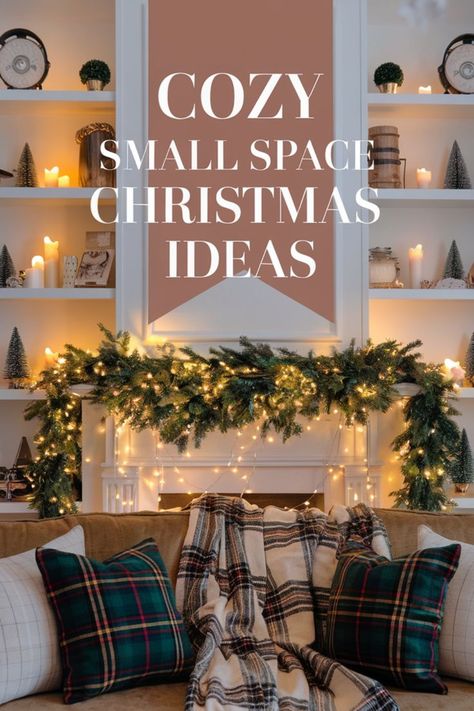 Get inspired to decorate your small living room for Christmas with space-saving ideas. Use festive throw pillows, twinkling wall lights, and mantel decor to add holiday cheer without overcrowding your space. Small Living Room Holiday Decor, Christmas Ideas For Small Apartment, How To Decorate Living Room For Christmas, Christmas Decor Ideas For Small Living Room, Lighting For Small Living Room, Apartment Decor Christmas, Christmas Decor For Small Living Room, Loft Christmas Decor, Tiny House Christmas Decor