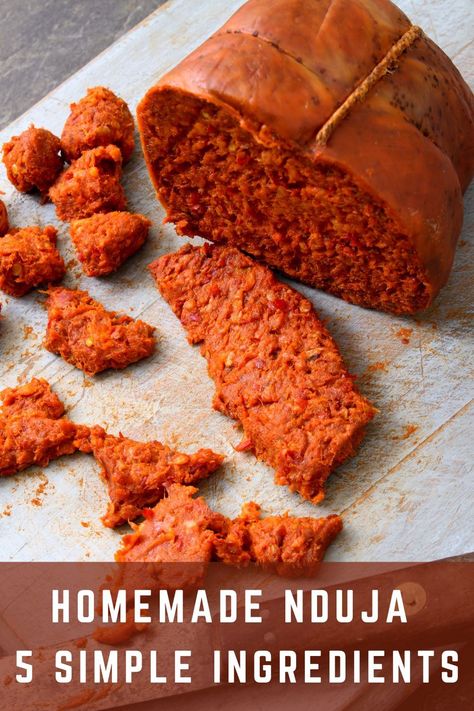 Dive into the authentic taste of Calabria with this homemade Nduja recipe! Within 5 minutes, using 5 simple ingredients, you'll craft a sumptuous spread that melds the flavors of Genoa salami, pancetta, and Calabrian hot red peppers. This versatile delicacy is the perfect accompaniment to pasta, bread, pizza, sauces, and charcuterie. Vegan Nduja Recipe, Genoa Salami Appetizers, Nduja Recipe, Salami Appetizer, Pizza Sauces, Pizza Project, Cured Meat Recipes, Salami Recipes, Pasta Bread