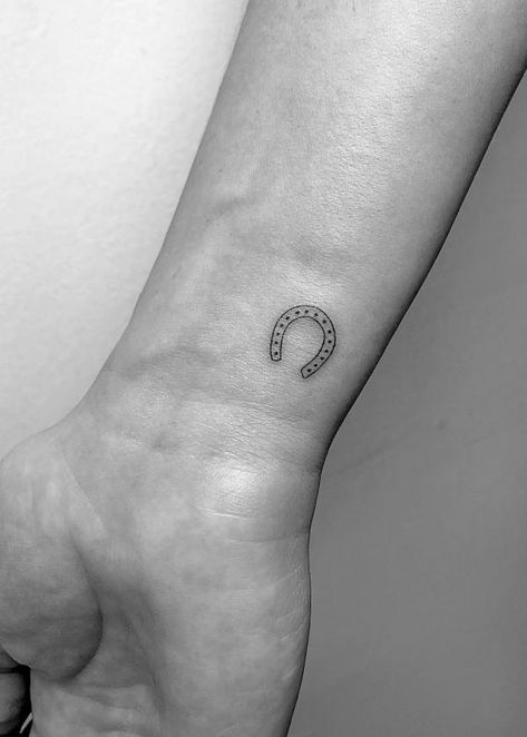 Horseshoe Tattoo Behind Ear, Small Horseshoe Tattoos For Women, Simple Horse Shoe Tattoo, Tiny Western Tattoos For Women, Western Tattoos Simple, Tattoos For Women Western, Bull Riding Tattoos, Small Bull Tattoos, Dainty Horseshoe Tattoo