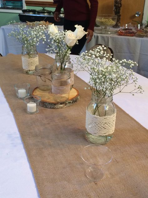 Rustic Engagement Party Ideas Decor, Center Piece For Engagement Table, Rustic Theme Engagement Party, Rustic Engagement Party Ideas Backyards, Engagement Party Ideas Rustic, Table Arrangements For Engagement Party, Diy Rustic Birthday Party Decor, Outdoor Engagement Party Table Decor, Rustic Engagement Party Decorations