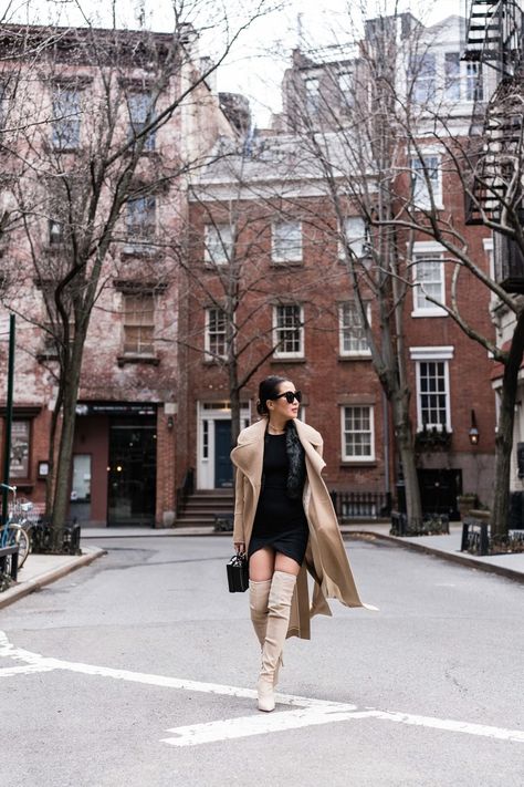 Restyling Classics. Neutral tones in a camel coat and over the knee boots, paired with a little black dress! Cream Boots Outfit, Beige Coat Outfit, Beige Boots Outfit, Camel Coat Outfit Casual, Asos Black Dress, Long Beige Coat, Camel Coat Outfit, Black Dress Coat, Nude Boots