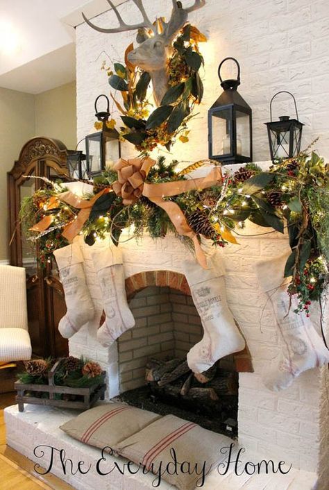 A festive mantel can be a showcase of holiday delight. Whether your goal is to share the message of the season through wall art or bring a taste of the outdoors inside, your mantel is a ready-made ... Farmhouse Style Christmas, Christmas Mantel Decorations, Fabulous Christmas, Christmas Mantle, Christmas Fireplace, Christmas Mantels, Oh Deer, Noel Christmas, Country Christmas