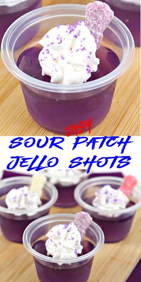 sour patch vodka jello shots with whipped cream & sour patch kids candy Quick Jello Shots, Purple Jello Shots, Vodka Jello Shots Recipe, Grape Jello Shots, Fancy Jello Shots, Purple Drinks Alcohol, Vodka Candy, Alcohol Snacks, Vodka Jello Shots