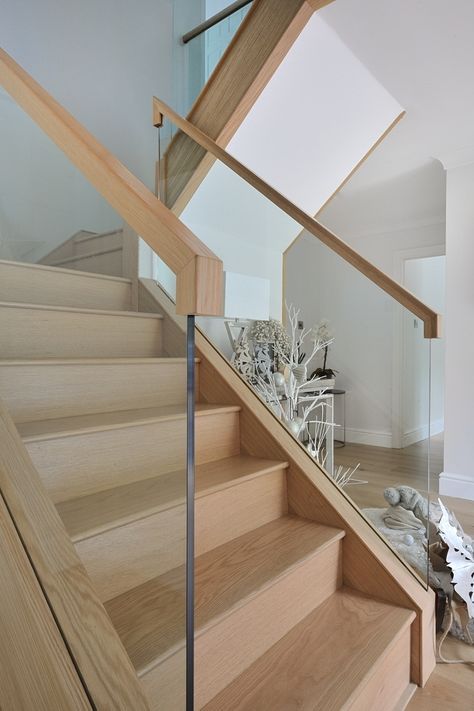 Glass Railing Stairs, Oak Timber Flooring, Modern Stair Railing, Wooden Staircase, Traditional Staircase, House Staircase, Glass Stairs, Oak Stairs, Loft Stairs