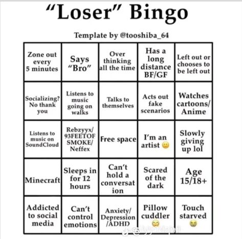 Loser Bingo, Character Bingo, College Bucket List, Random Things To Do, Personality Chart, Alignment Chart, Bingo Night, Bingo Sheets, Bingo Template