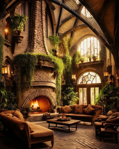 Fantasy Cottage Living Room, Cozy Fantasy Living Room, Enchanted House Decor, Cozy Castle Interior, Fantasy Castle Living Room, Fantasy Common Room, Fantasy Room Design, Hobbit Living Room, Fantasy Home Interior