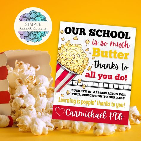 Cute Popcorn Teacher Appreciation Tags Editable popcorn gift tag is perfect for coworker gift ideas, employee staff appreciaiton events, teacher appreciation or nurse thank you gifts. This gift tag was intentionally designed slightly larger by request! 3.5"x4" makes this tag a great fit for your appreciation event! This printable tag design is perfect for busy event organizers! Design can easily be adjusted for Volunteer Appreciation, Nurse Appreciation Week, Employee or Staff Appreciation event Teacher Appreciation Treats, Popcorn Teacher Appreciation, Popcorn Gift Tag, Appreciation Themes, Teacher Appreciation Tags, Popcorn Theme, Employee Thank You, Teacher Morale, Staff Appreciation Week