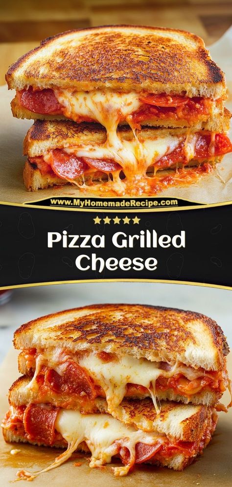 This pizza grilled cheese is gooey, cheesy, and filled with all the flavors of pizza. A fun twist on a classic sandwich! Ingredients: 4 slices bread 1 cup shredded mozzarella ½ cup marinara sauce ¼ cup pepperoni slices Enjoy this pizza grilled cheese as a delicious and easy lunch or snack Garlic Bread Pizza Sandwiches, Grill Cheese Recipes, Grilled Cheese Sides, Grilled Sandwich Recipes, Fancy Grilled Cheese Recipes, Grilled Cheese Food Truck, Pizza Grilled Cheese Recipes, Pizza Grilled Cheese Sandwich, Grilled Pizza Recipes