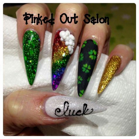 St Patricks Nail Designs, St Patrick Day Nails Acrylic, Irish Nails, Saint Patrick Nail, March Nails, St Patricks Day Nails, Football Snacks, Nails 3d, Stiletto Nail Art