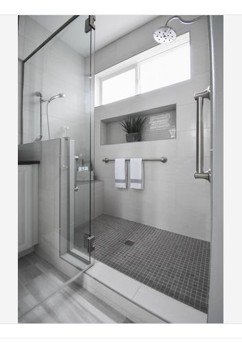 ideas for placement of grab bars in walk in shower Shower Bars Placement, Shower Grab Bars Ideas, Walk In Shower Grab Bar Placement, Walk In Shower With Bench And Grab Bars, Shower Bar Placement, Walk In Shower With Hand Rails, Walk In Shower With Grab Bars, Modern Shower Grab Bars, Shower With Grab Bars