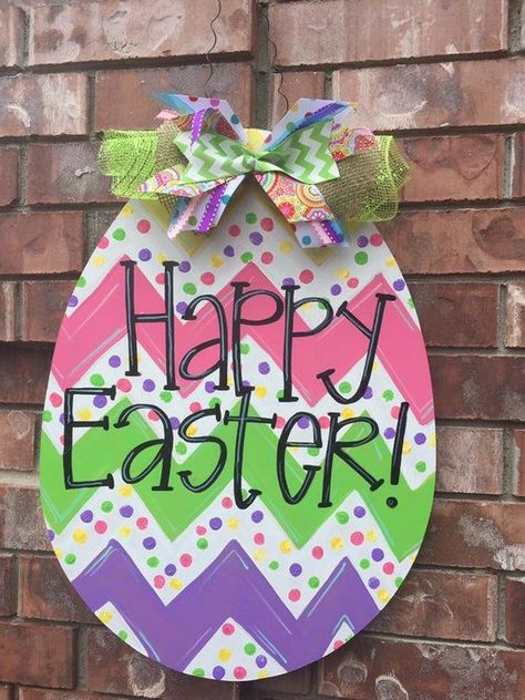 Easter Egg Door Hanger, Easter Door Hangers, Happy Easter Sign, Easter Wood Crafts, Easter Door Decor, Door Hanger Ideas, Burlap Door Hangers, Easter Door Hanger, Easter Egg Wreath