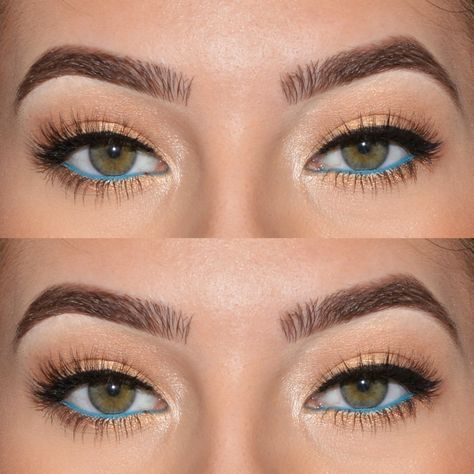 Different Color Waterline, Light Blue Waterline Makeup, Turquoise Under Eye Makeup, Turquoise Eye Makeup Simple, Natural Teal Makeup Looks, Waterline Eyeshadow Looks, Blue Eyeliner On Waterline, Blue Underliner Make Up, Teal Waterline Makeup