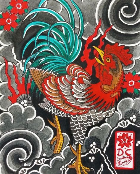 Rooster Tattoo Japanese, Japanese Rooster Tattoo, Myanmar Tattoo, Japanese Sleeves, Japanese Irezumi, Chicken Tattoo, Rooster Tattoo, Japanese Chicken, Cool Tattoo Drawings