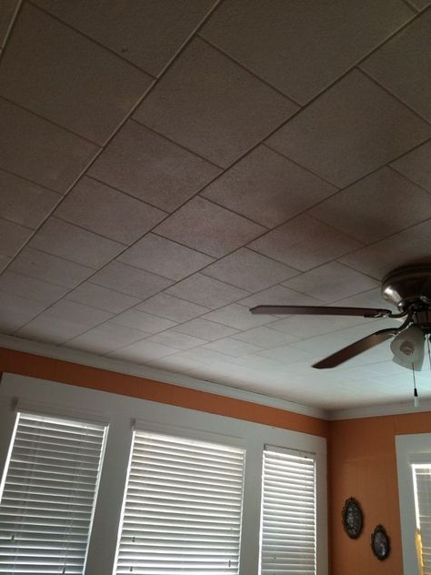 How to update An Ugly Ceiling. Ceiling Redo Ideas, How To Make Ceiling Tiles Look Better, How To Update Ceiling Tiles, Covering Tile Ceiling, How To Replace Drop Ceiling Tiles, Update Ceiling Tiles, Covering Ceiling Tiles, Diy Ceiling Tile Makeover, Painted Tile Ceiling