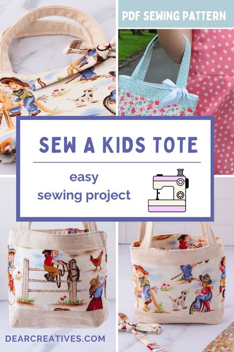 Sew A Kid's Tote Bag - Easy sewing pattern to sew a tote bag for kids. Use fabric scraps or purchased fabric to customize your little tote bag. Make this for a handmade gift, make Easter bags... Toddlers, pre-schoolers, and little kids will love carrying their favorite things in a fabric tote bag you made for them! Find this and more sewing projects and DIYs at DearCreatives.com  Images of a fabric tote bag using cute cowboy and cowgirl fabric and a tote bag using floral fabrics and ribbons... Kids Tote Bag Pattern Free, Kids Tote Bags Diy, Kids Bags To Sew, Free Sewing Patterns For Kids, Tote Patterns Free, Quilted Tote Bags Patterns, Sew A Tote Bag, Toddler Tote Bag, Handmade Kids Bags