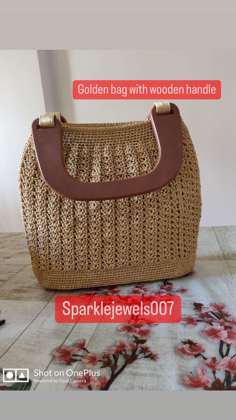 Tight knitted handmade crochet bag with wooden handle Crochet Bags With Wooden Handles, Crochet Bag With Wooden Handles, Bag With Wooden Handles, Crochet Handles, Handmade Crochet Bags, Crochet Bags, Wooden Handles, Handmade Crochet, Crochet Bag