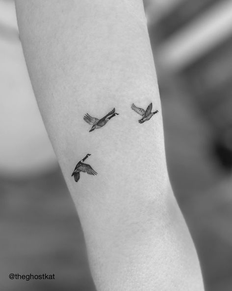 Two Geese Tattoo, Geese Tattoo Small, Canada Geese Tattoo, Duck Duck Goose Tattoo, Canada Goose Tattoo, Geese Aesthetic, Goose Tattoo Small, Canada Tattoo Ideas, Ducks Tattoo