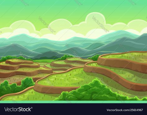 Banaue Rice Terraces Drawing, Terraced Agriculture, Rice Terraces Drawing, Landscape Vector, Chinese Rice, Mountain Illustration, Mountain Scenery, Cartoon Fish, Rice Fields