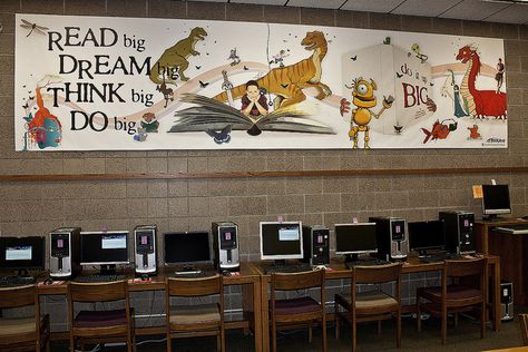 Reading Mural, Library Staircase, Library Murals, Library Walls, Hallway Mural, Library Mural, Feelings Preschool, School Library Decor, Book Sculptures