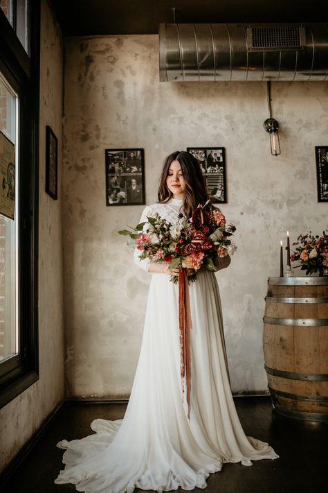 We had the pleasure of sending Mimosa by Pronovias to star in a moody shoot with some local creatives. We love her delicate lace work and romantic chiffon skirt. 3/4 sleeve, high neck, and buttoned back? What’s not to love?! Pronovias Mimosa, Modest Wedding, Modest Wedding Dresses, Chiffon Skirt, Wedding Florist, Mimosa, Styled Shoot, Love Her, High Neck