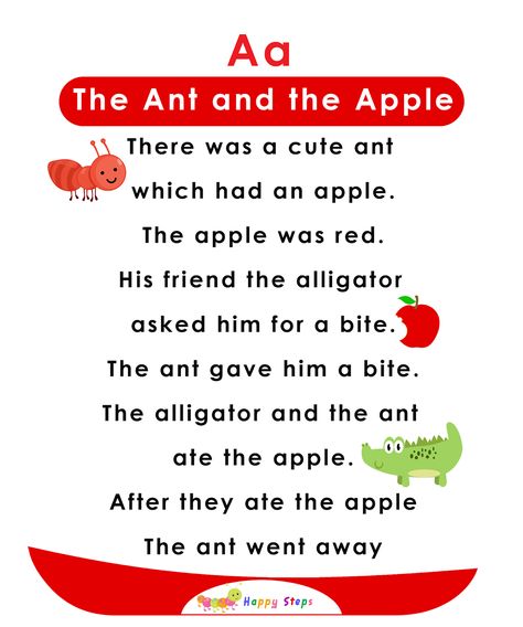 The Ant and the Apple - Alphabet Stories for kids - Letter A Alphabet Stories, Comprehension Kindergarten, Small Stories For Kids, Phonics Assessments, Ingles Kids, Phonics Reading Passages, English Stories For Kids, Kindergarten Reading Activities, Kindergarten Reading Worksheets