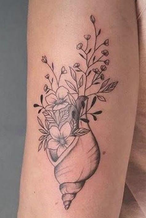 Seashells Tattoo Ideas, Shell Flowers Tattoo, Beach Shell Tattoo, Cowry Shell Tattoo, Shell And Flowers Tattoo, Seashell Flower Tattoo, Seashell And Flowers Tattoo, Flower Shell Tattoo, Shell Tattoo With Flowers