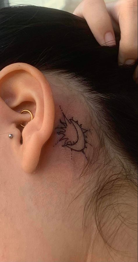 Small Sun And Moon Tattoo Behind Ear, Moon And Sun Ear Tattoo, Sun Moon Tattoo Behind Ear, Behind The Ear Sun And Moon Tattoo, Celestial Behind Ear Tattoo, Sun And Moon Ear Tattoo, Sun And Moon Behind Ear Tattoo, Behind The Ear Sun Tattoo, Sun Behind Ear Tattoo