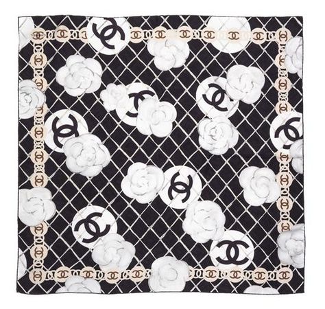 Chanel Pattern, Chanel Clothes, Chanel Scarf, Designer Logos, White Camellia, Silk Handkerchief, Black And White Scarf, White Scarves, Black And White Background