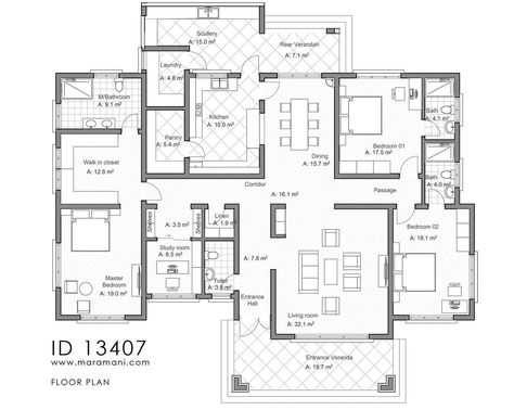 3 Bedrooms country house - ID 13407 - House Designs by Maramani Arabic Style House, 4 Room House Plans, Staff Quarters, Arabic Architecture, Roof Eaves, 1 Bedroom House Plans, 4 Bedroom House Designs, African Architecture, Bungalow Floor Plans