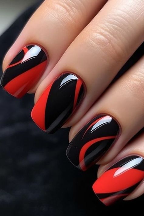 Red And Black Nail Art, Red And Black Nail, Red Black Nails, Elegant Touch Nails, Cruise Nails, Red Nail Art, Red Acrylic Nails, Black Nail Art, Fancy Nails Designs