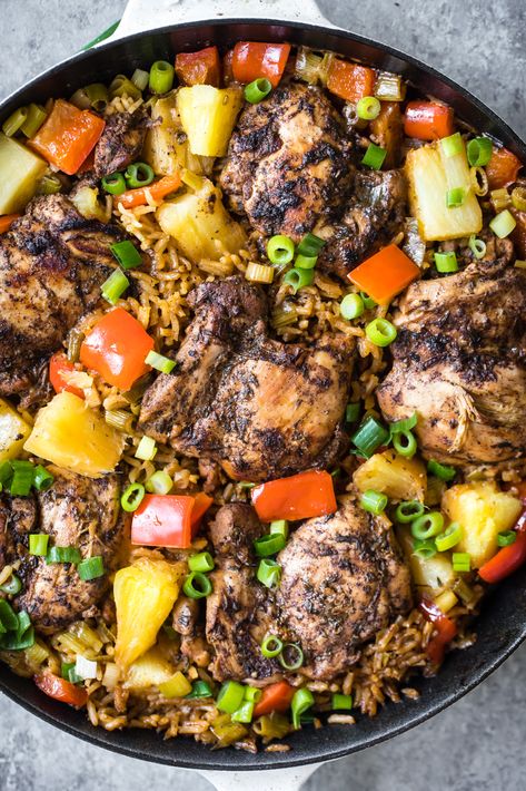 Incredible One Pan Caribbean Jerk Chicken with a unique, flavorful pineapple-coconut rice. This easy, one pan meal has a homemade jerk seasoning and is perfect for meal prep. #chickenrecipe #onepan #onepandinner #dinnerideas #mealprepping #mealpreprecipe #healthyeating #familydinner #highprotein Caribbean Dinner, Jerk Chicken And Rice, Caribbean Chicken, Jerk Chicken Recipe, Jamaican Jerk Chicken, Caribbean Jerk Chicken, One Pan Meal, Ambitious Kitchen, Jamaican Jerk