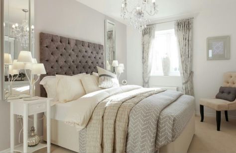 Interior Designed Guest Bedroom / Showroom by Taylor Wimpey Homes.  Mink, silver & neutral tones, I adore the mirrors either side of the bed.  Lovely use of Elephants Breath on the back wall. Bed Bedroom Ideas, Wimpey Homes, Elephants Breath, Taylor Wimpey, Silver Bedroom, Newton Abbot, Guest Room Decor, Bed Bedroom, Master Decor