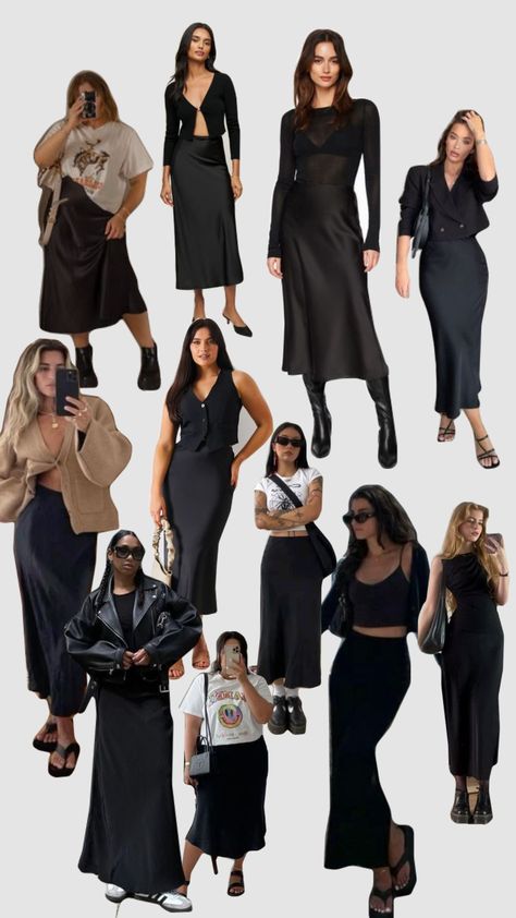 black satin skirt outfit inspired #blacksatinskirt #black #wishlist #outfit #outfitaesthetic #fitcheck #outfitinspo Black Maxi Satin Skirt Outfit, Black Satin Maxi Skirt Outfit, Maxi Satin Skirt Outfit, Black Wishlist, Satin Maxi Skirt Outfit, Black Silk Skirt Outfit, Black Satin Skirt Outfit, Recreate Outfits, Silk Skirt Outfit