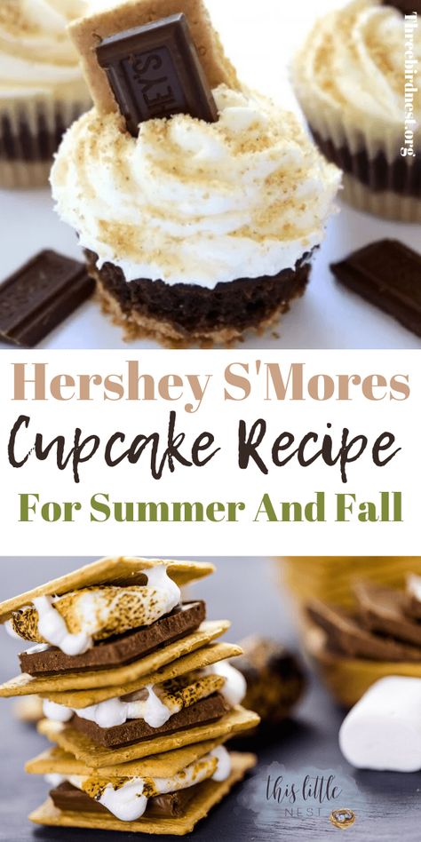 Yummy S'mores cupcake recipe for your Summer, Camp or Fall Themed party. Or just make them because you love S'mores. Click to read Hershey S'mores CupcaHere's a yukes Made Easy | This Little Nest Cupcakes for Fall, Hershey S'mores cupcakes, smores cupcake recipes, s'mores, s'mores recipes, cupcake recipes, summer cupcakes, fall cupcakes, cake recipes, chocolate cupcakes, chocolate cupcake recipes for summer and fall. Smores Cupcake Recipe, Smores Cupcake, Smores Recipes, Cupcakes Summer, Cupcakes Fall, Summer Party Cake, Decadent Cheesecake, Hershey Recipes, S Mores Cupcakes