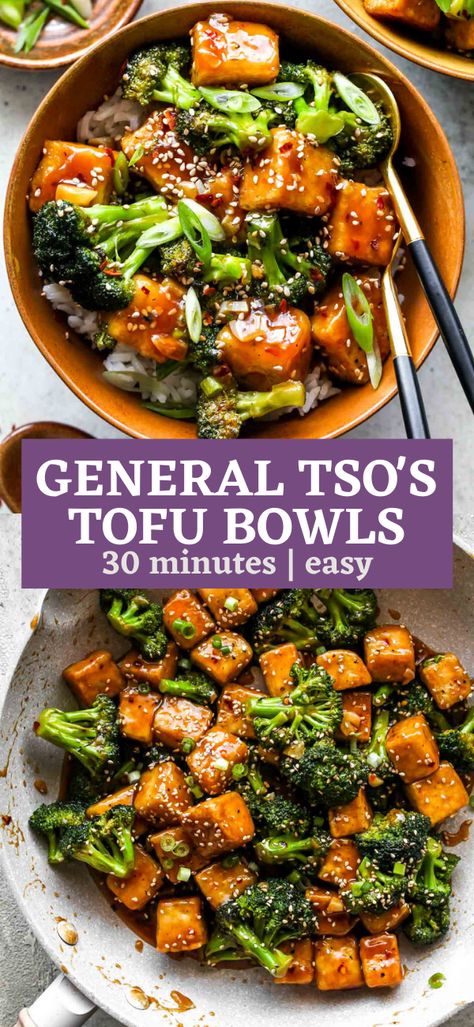 Chinese Tofu And Broccoli, Tofu Broccoli Bowl, Tofu General Tso Recipes, Vegan General Tso Tofu, Tofu Asparagus Recipes, Broccoli And Tofu Recipes, Chinese Diet Food, Tofu Chinese Recipe, Tofu Slow Cooker Recipes